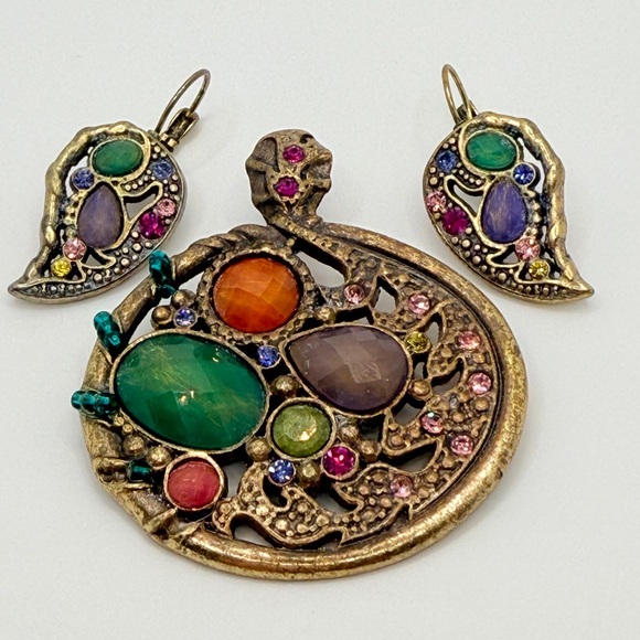 Multi Stone Matching Pendant and Earrings Set Bronze-Tone Multicolored‎ - Picture 1 of 6